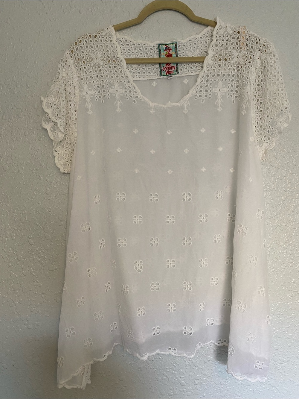 Johnny Was White Eyelet Crochet Short-Sleeve Tunic Top XL